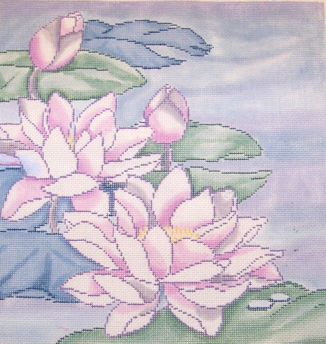 Beautiful Oriental Lotus Blossoms Needlepoint Canvas Design 459 New Not Started - Picture 2 of 2