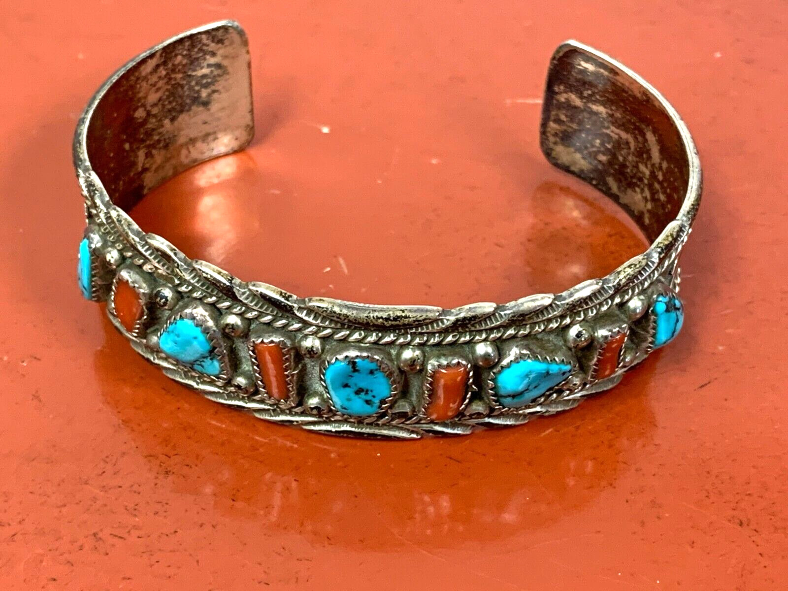 Amazing!! Vintage Navajo Turquoise Coral Sterling Native American Jewelry Silver Bracelet Amazing!! Vintage Navajo Turquoise Coral Sterling Native American Jewelry Silver Bracelet