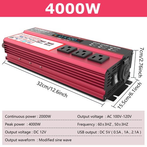 4000W 1000W Car Power Inverter DC 12V To AC 110V 3 AC Outlets RV Solar Converter - Picture 15 of 15
