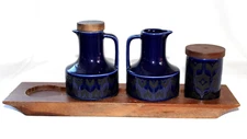 Vintage MCM Hornsea England Heirloom Blue Vinegar Oil salt pepper set teak tray