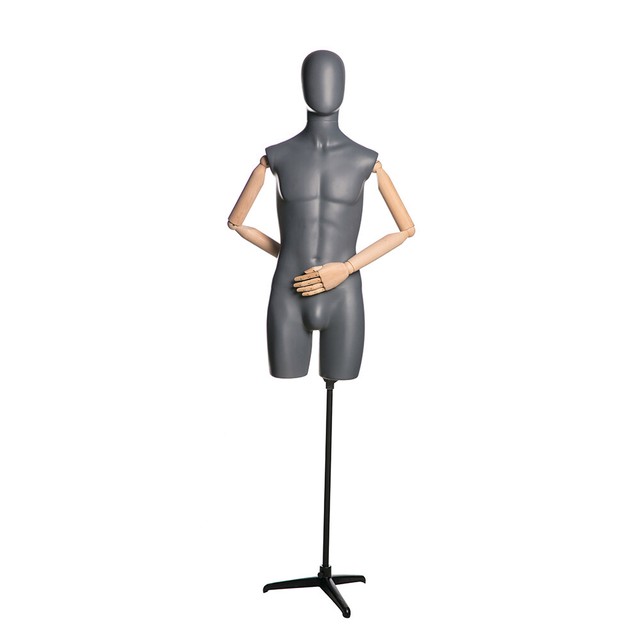 Adult Male Matte Gray Egg Head Fiberglass Mannequin 3/4 Torso with