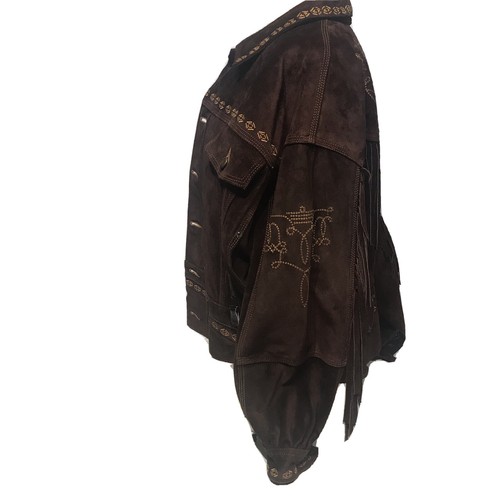 Giacca western anni 80 taglia L no! Giacca bomber jeans marrone scamosciato con frange CowBoy - Foto 7 di 9