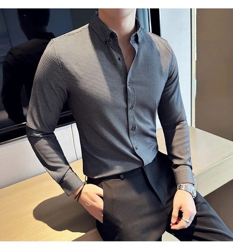 Men Plaid Shirt Long Sleeve Autumn Business Casual Turn-down Collar Slim Fit Top - Bild 23 von 26