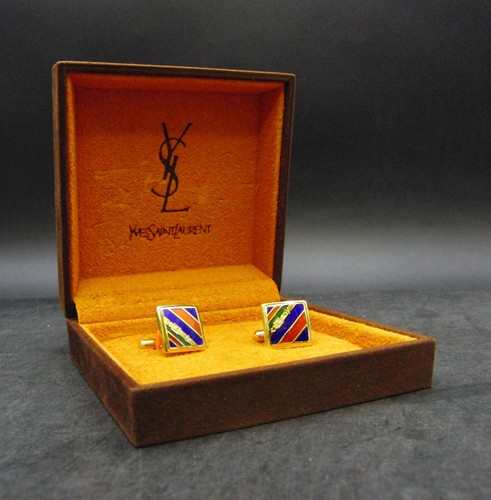 Yves Saint Laurent YSL Esmalte Juego de 2 Gemelos Cuadrados Rayas Coloridas y Caja - Imagen 1 de 5