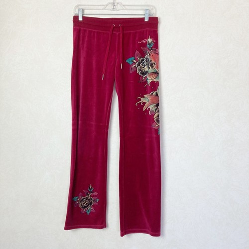 Vintage Don Ed Hardy Graphic Velour Lounge Pants Y2K 90’s Burgundy Size M