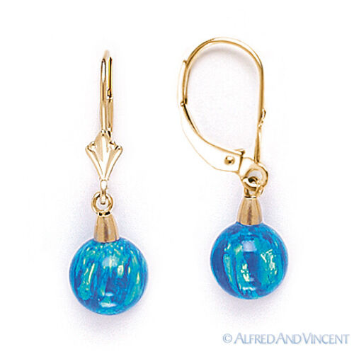 Pacific Blue Fiery Opal Gem Dangling Drop Earrings in 14k 14kt Yellow White Gold - Picture 2 of 7