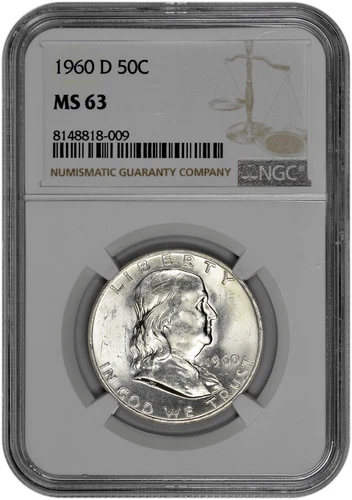 1960 D 50C Silver Franklin Half Dollar NGC MS 63 with New Holder