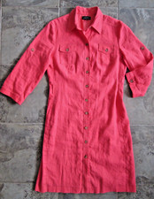 Tahari Levine 10 Medium Shirt Dress Sheath Orange Linen Rayon Button Down Front