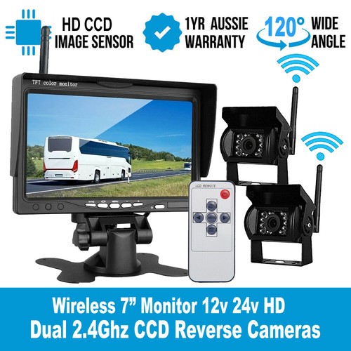 Wireless 7" Monitor 2x CCD Color Reversing Camera 18 IR 12-24v For Truck Caravan - Picture 4 of 12