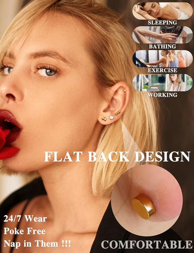 LOLIAS Small Hypoallergenic Flat Back Stud Earrings for Women Men14K Gold Plated - Picture 4 of 12