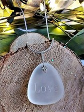 Engraved Inspirational "LOVE" White Sea Glass Pendant Snake Chain Necklace