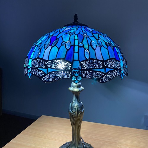 Tiffany blau Libellenstil Tischlampe 16 Zoll Buntglasschirm handgefertigt - Bild 8 von 22