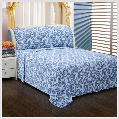 100% Cotton Flannel Paisley Absorbent Flat Fitted Bed Sheet & Pillowcases Set - Picture 9 of 22