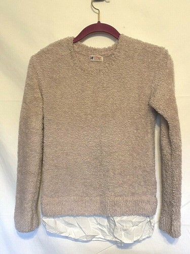 H&M! Girl Beige Fuzzy Knit Crew-neck Sweater w/White Fabric Bottom~ Sz.12/14Y - Picture 1 of 8