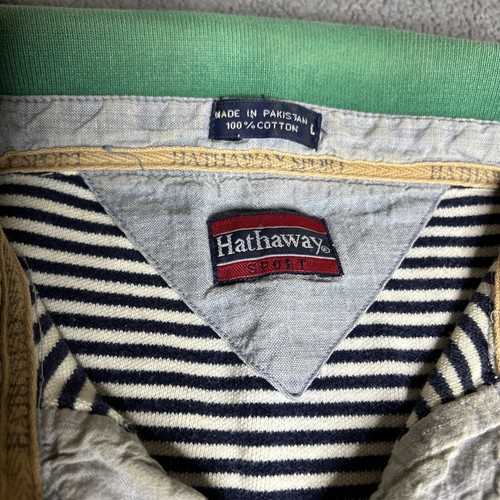 Vintage Hathaway Sport Mens L Green White Striped Short Sleeve Polo Shirt Golf - Picture 2 of 5