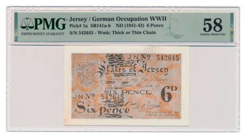 JERSEY banknote 6 Pence 1942 PMG AU 58 Choice Uncirculated