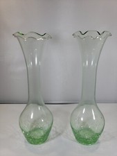 2 Green Crackle Glass Bud Vases