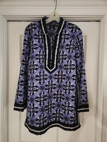 WOW! Purple Black & Tan Geometric Mod Cotton Blend TUNIC Dana Buckman Large
