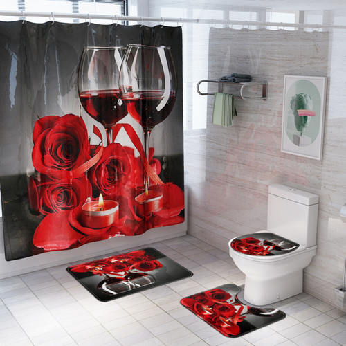 Rose Wine Shower Curtain Set Bathroom Rug Non-slip Bath Mat Toilet Seat Cover - Picture 20 of 20