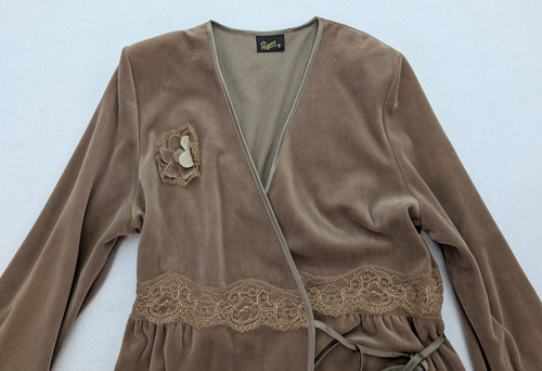 Vintage Women's Robe Regence Brown Velour Elegant Bell Sleeves Made In France - Picture 4 of 18