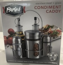 Parini Stainless Steel Glass Condiment Caddy w/ Oil Bottles 6 Pc Set Brand New