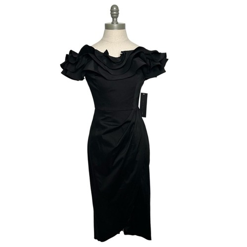 Vestido de cóctel Aidan Mattox negro con volantes cuello fuera del hombro midi envolvente talla 0 - Imagen 2 de 11
