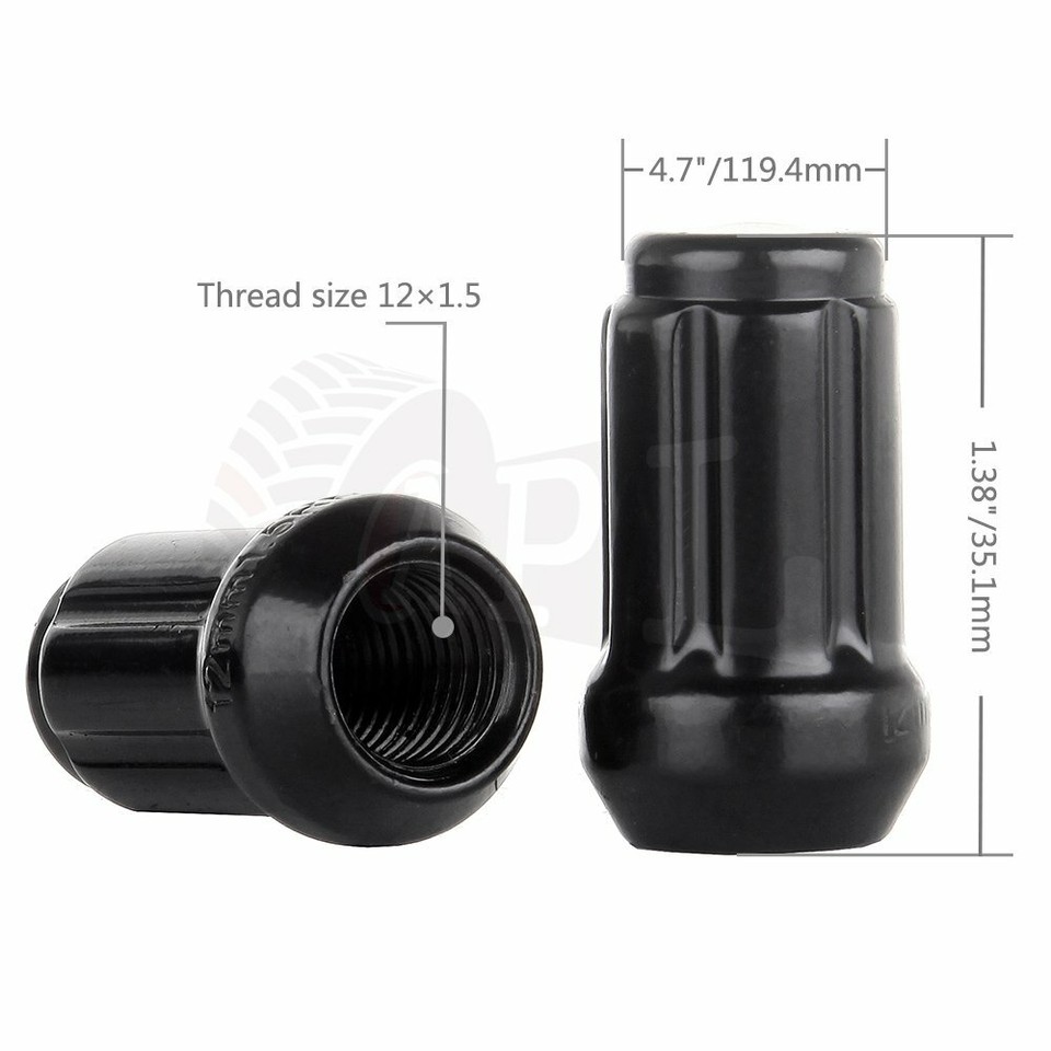 20-Piece 12x1.5 Black Spline Lug Nuts With Key - Short Open End, Cone Seat (60°) For Aftermarket Wheels