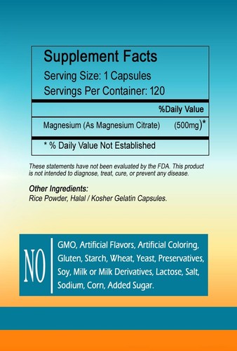 Magnesium Citrate 500mg-Digestive Health-Natural Calm-Capsules By Sunlight - Picture 2 of 2