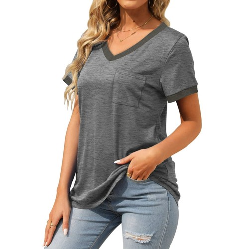 MOSHU V-Neck Women T Shirts Short Sleeve Loose Summer Tops for Women with Pocket - Picture 7 of 18