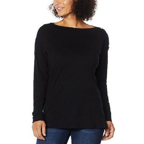 size medium Colleen Lopez One-Shoulder Button Pullover Sweater in black new - Picture 1 of 2