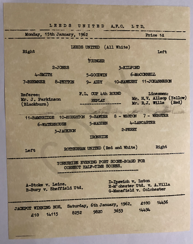 Leeds v Rotherham 1962 League Cup 4th Round Replay Rarest Postwar Home COPY