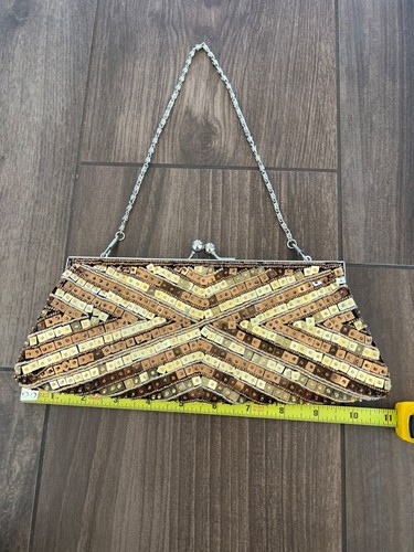 Vtg Gold & Bronze Sequin Clutch Purse With Chain Handle Kiss Lock Closure - Picture 2 of 7