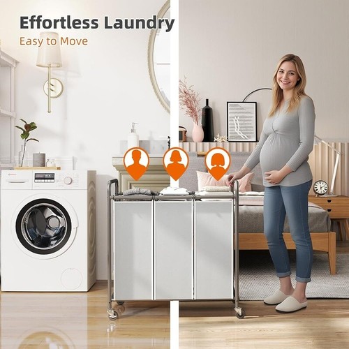 3 Section Laundry Sorter Cart W/ Wheels Removable Bags Portable Organizer Indoor - Picture 8 of 8