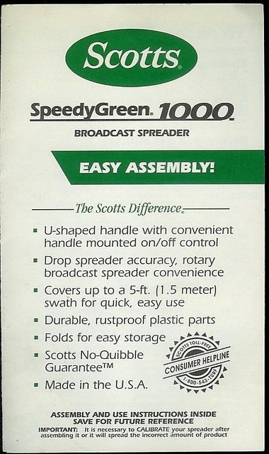 Scotts Speedy Green 1000 Broadcast Spreader Rare Original Factory Owner S Manual