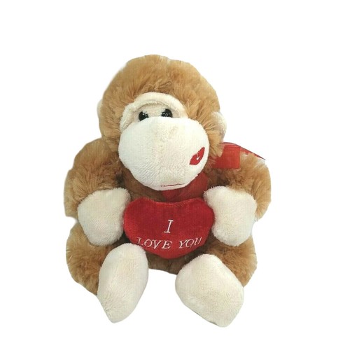 I Love You Heart Stuffed Plush Monkey Toy Red Lips Tan Brown 8" Valentine - Picture 2 of 5