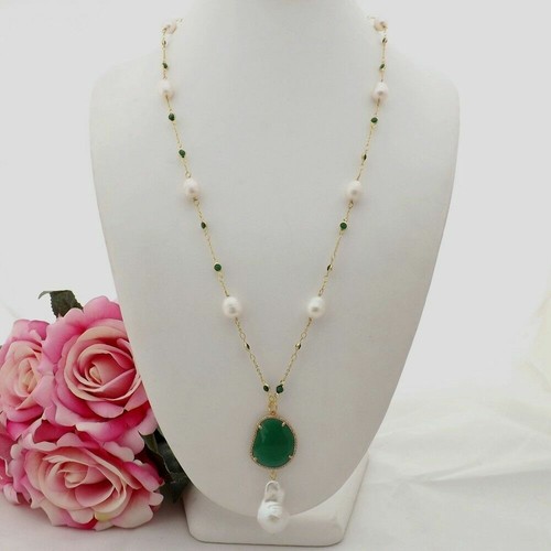 26'' White Rice Pearl Green Crystal Chain Necklace Keshi Pearl Pendant - Picture 1 of 4