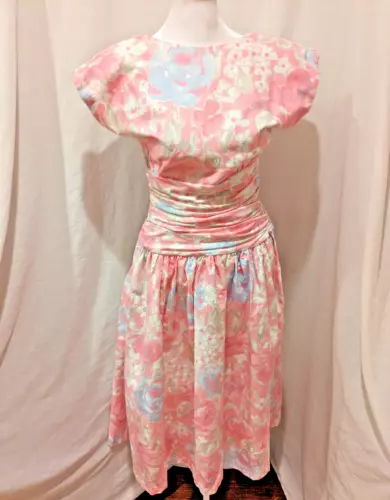 Vintage Patty O'Neil Pastel Floral Cotton Midi Dress Cinch Waist Women Sz 10 Bow