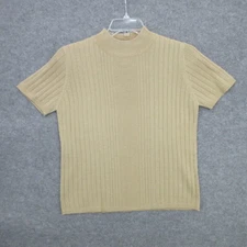 Sarah B Studio Women Blouse Medium Pullover Mock Neck Beige Striped Short Sleeve