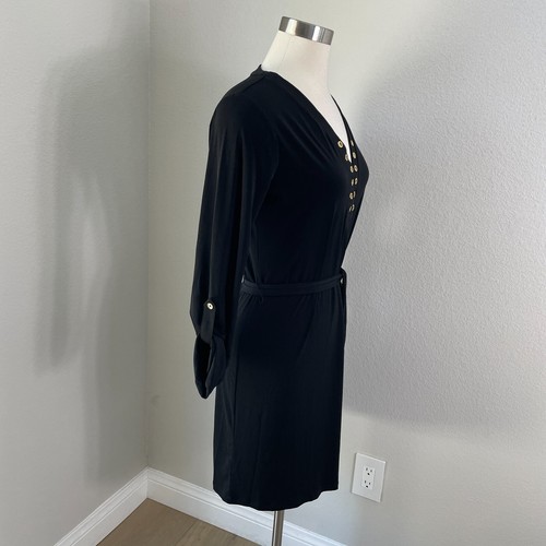 MICHAEL Michael Kors Womens Small Black Waist Tie Stretch Dress Roll Tab Sleeve - Picture 3 of 13