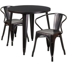 30''Round Black Antique Gold Metal Indoor-Outdoor Restaurant Table Set w/2 Chair