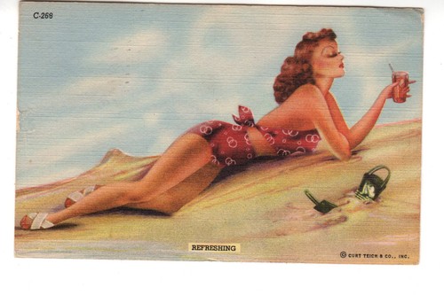 Leinen Postkarte: Strand Pin-up - Erfrischend (Curt Teich) - 40er Jahre - 2-teiliger Badeanzug