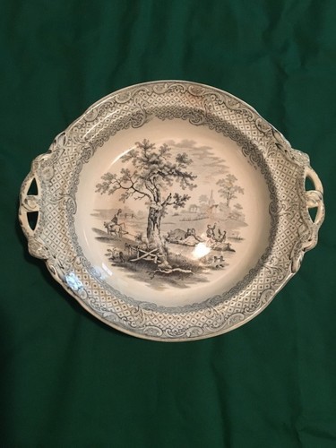 ANTIQUE VINTAGE 8 1/2 INCH ROUND SERVING BOWL HUMPHREYS WRS&CO? CLOCK WHITE GREY - Picture 1 of 3