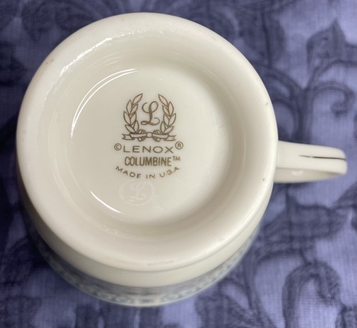 Lenox Columbine Cup & Saucer Set Blue Flowers Platinum Trim USA Vintage Footed - Picture 3 of 7