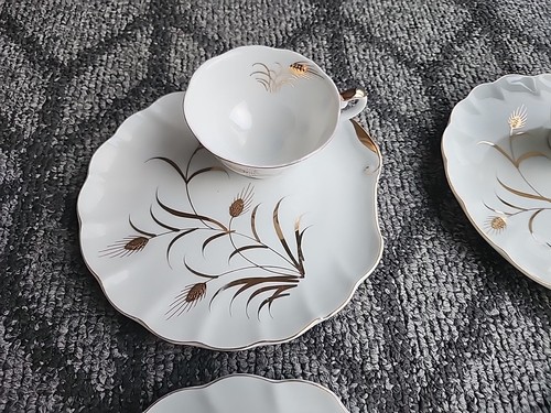 Set 4 pezzi tazze da tè Lefton Fine China dipinte a mano piatti snack grano oro - Foto 6 di 22