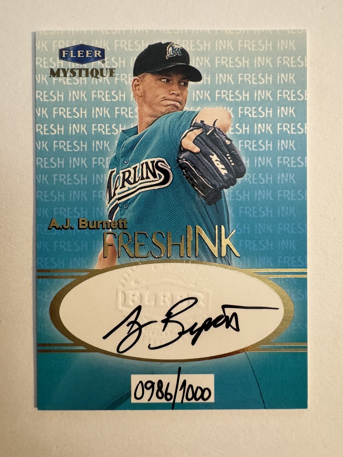 1999 Fleer Mystique Fresh Ink AJ Burnett RC Auto /1000 Florida Marlins