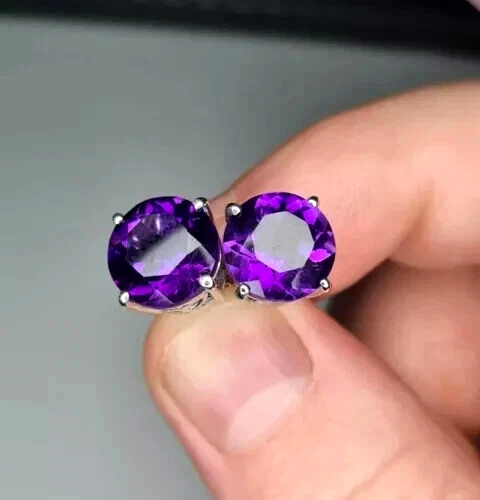 4.00Ct Round Cut Lab Created Purple Amethyst Stud Earrings 14k White Gold Plated - Picture 2 of 7