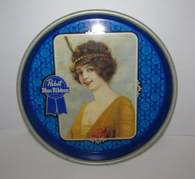 Vintage Pabst Blue Ribbon Bar Beer Tray 13'' Flapper Girl Metal Bar Tray