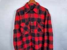 VTG 70s Wool Buffalo Plaid Flannel Shirt Jacket Adult Large - XL Red Black