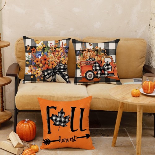 4pcs Fall Pillow Covers Throw Pillowcase Autumn Pumpkin Thanksgiving Decor 18x18 - Picture 3 of 7