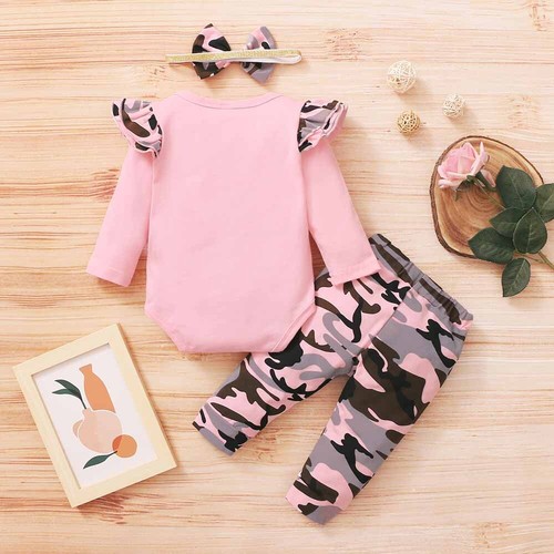 3-teiliges Outfits Neugeborenes Baby Mädchen Kleidung Strampler Body Oberteil Camouflage Hose - Bild 3 von 11